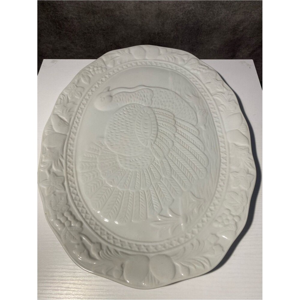 OGGI White Ceramic Turkey Platter Large Embossed Thanksgiving Serving Oval 18"